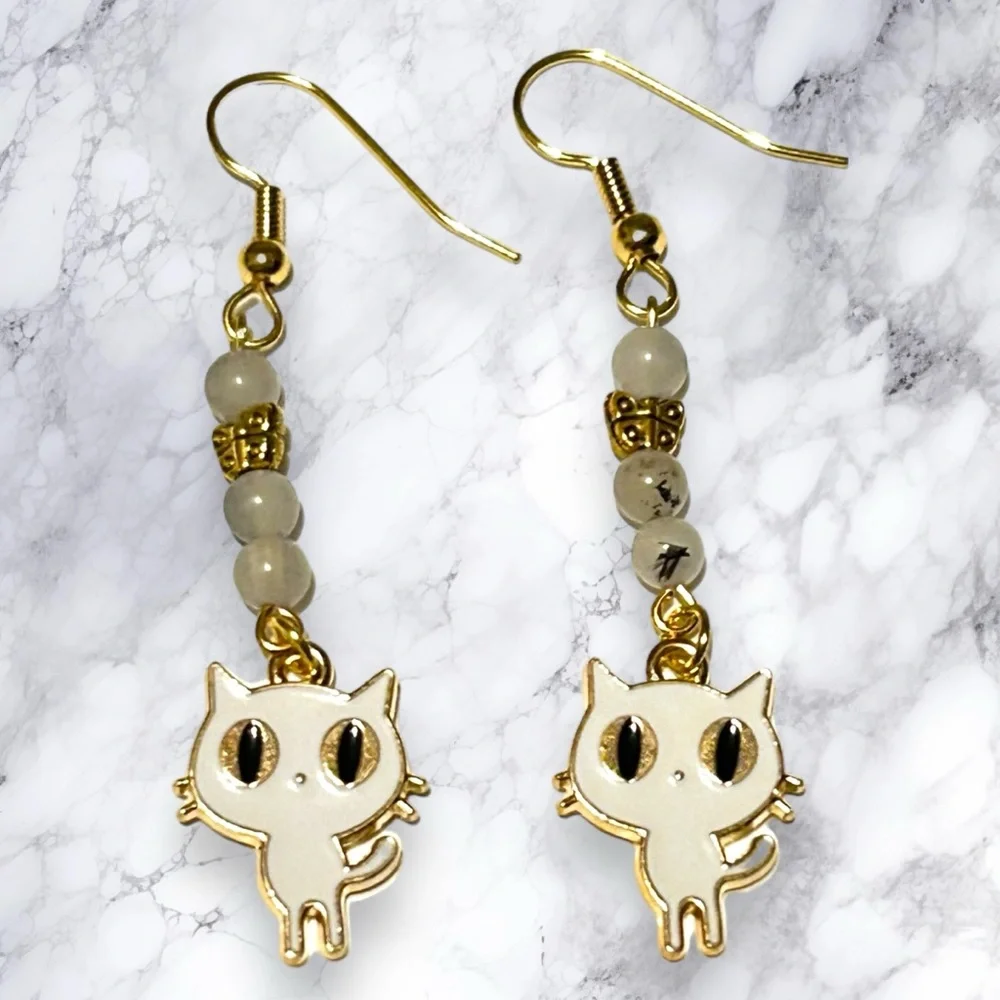 Hand Crafted Earring Cats Tourmaline Quartz Kitty White Butterfly Pierced